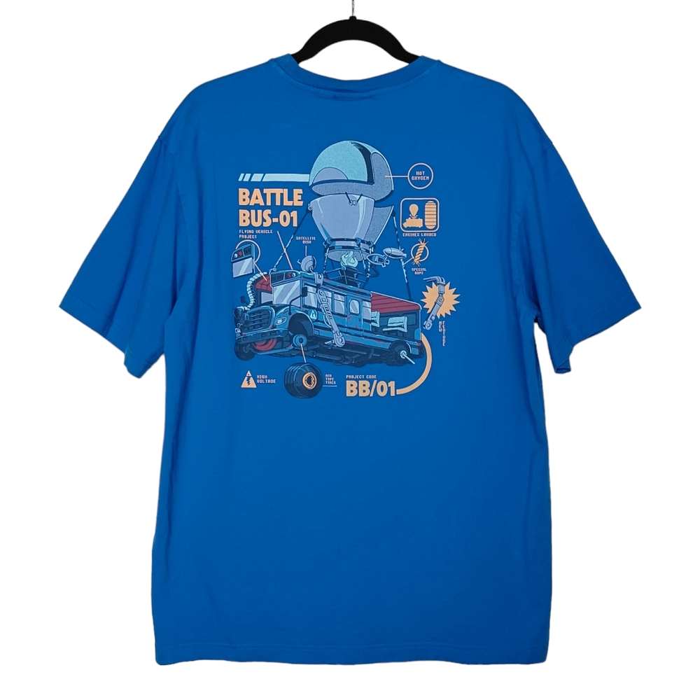H&M FORTNITE Battle Bus Blue Short Sleeve Graphic Relaxed Fit T Shirt Large